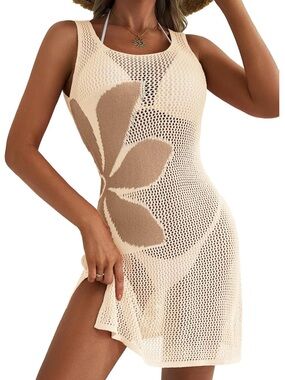 Beige Floral Crochet Beach Cover-Up Dress - Women Swim